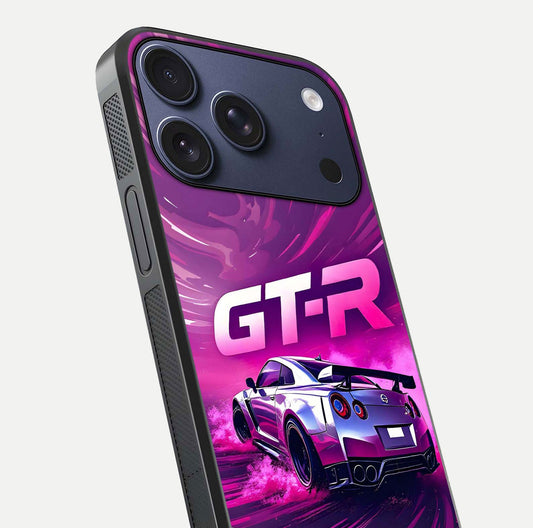 Speed Drift Legend Glass Case for iPhone 17 Pro close-up angled shot highlighting speed lines and reflection