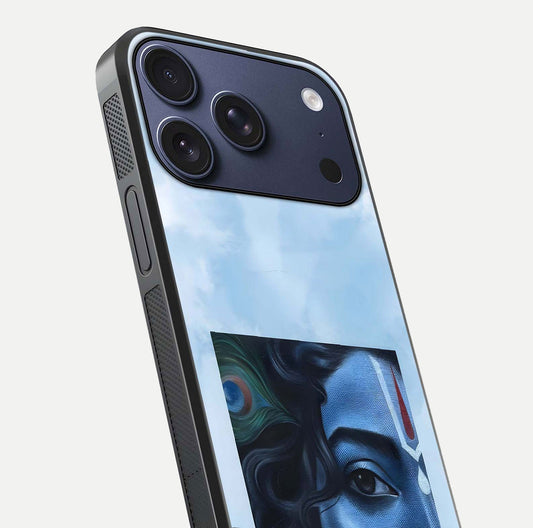 Spiritual Krishna Glass Case for iPhone 17 Pro close-up angled shot showing HD print, color tone, and reflection