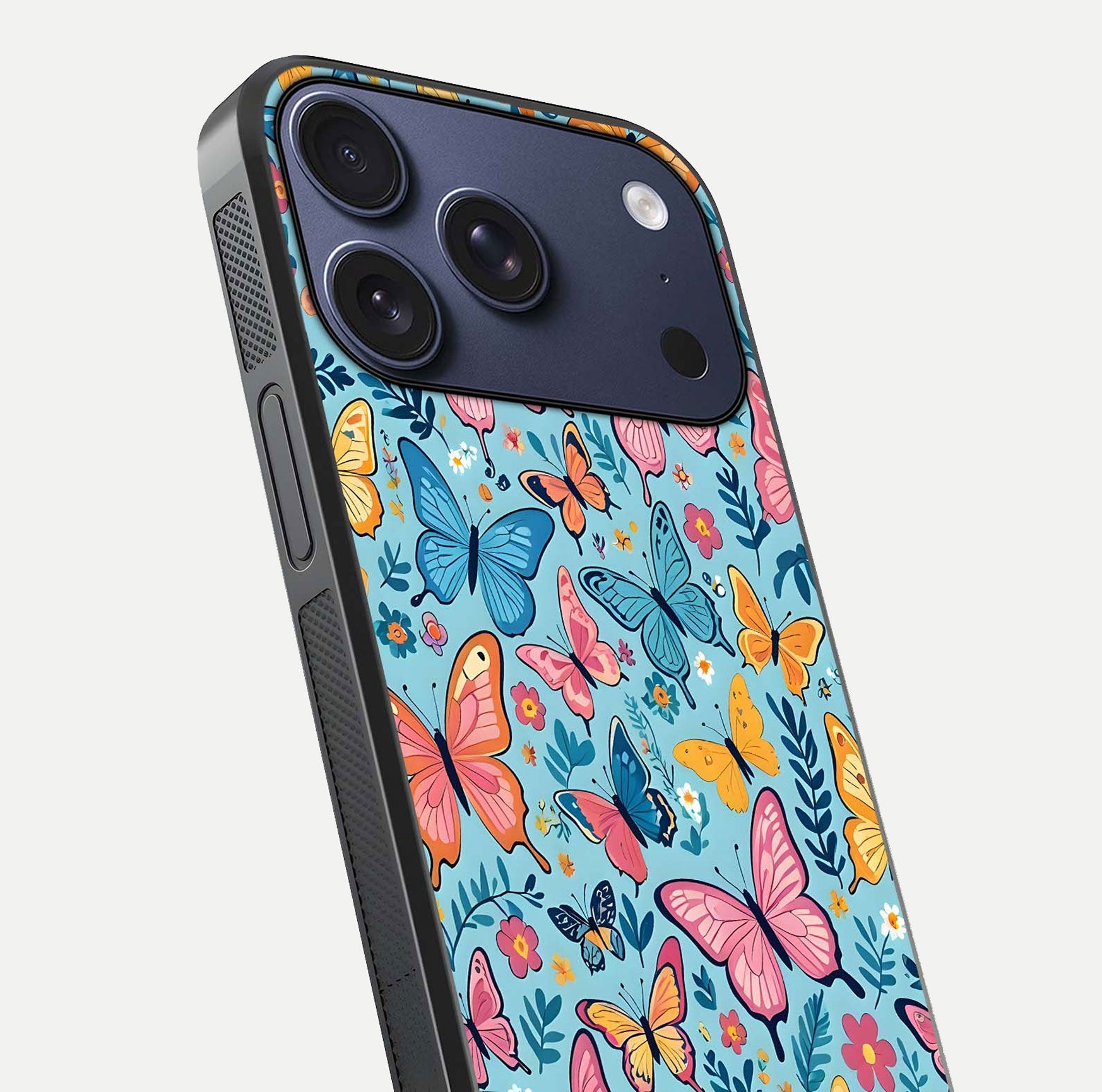 Spring Wing Garden Glass Case for iPhone 16 Pro close-up angled shot highlighting petal details and reflection