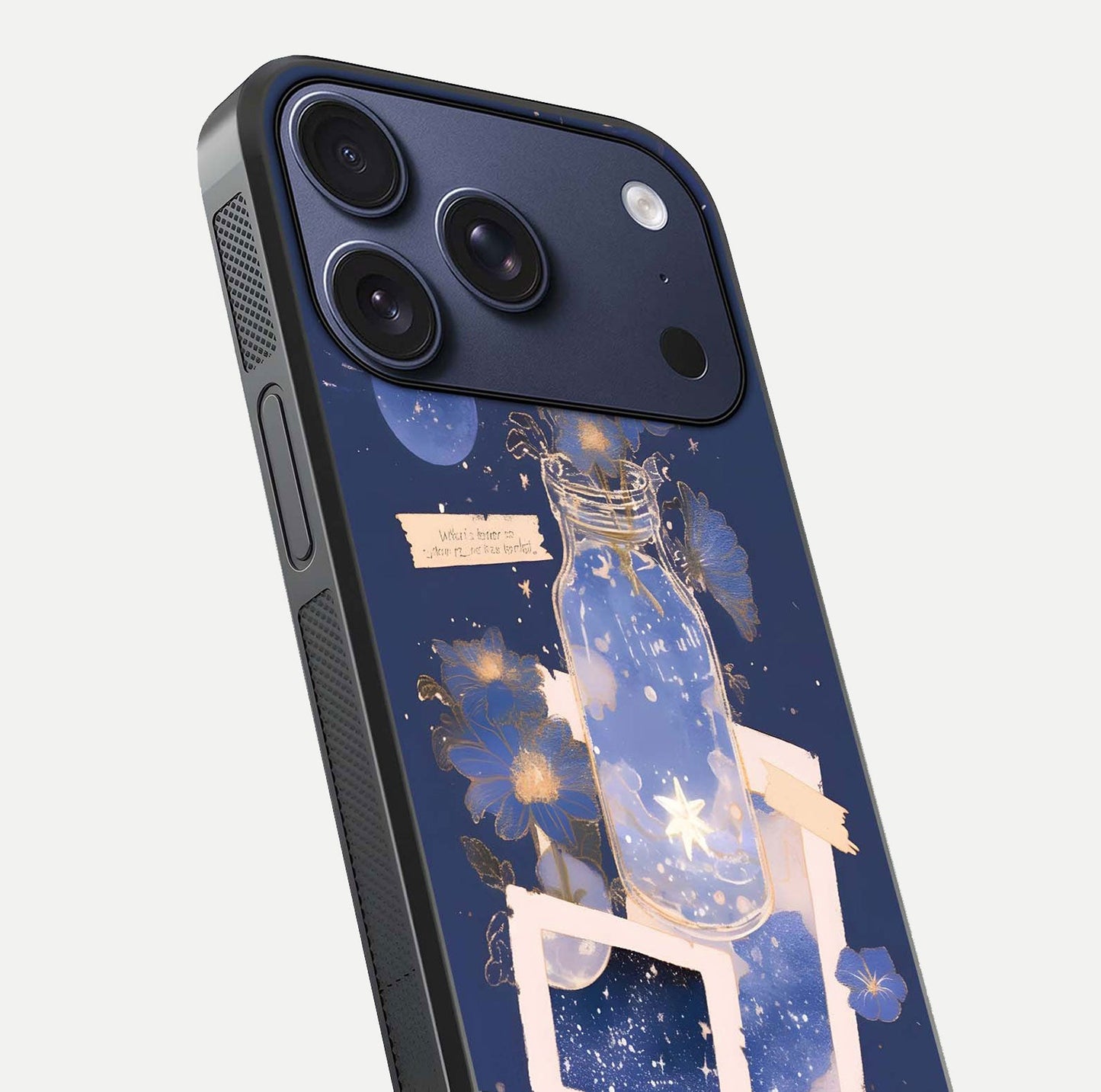 Starlit Cosmic Jar Glass Case for iPhone 17 Pro close-up angled shot highlighting stars, reflections, and HD shine