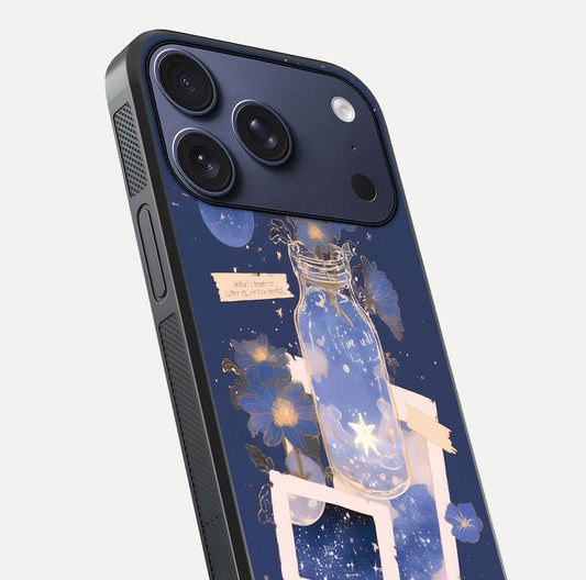 Starlit Cosmic Jar Glass Case for iPhone 17 Pro close-up angled shot highlighting stars, reflections, and HD shine