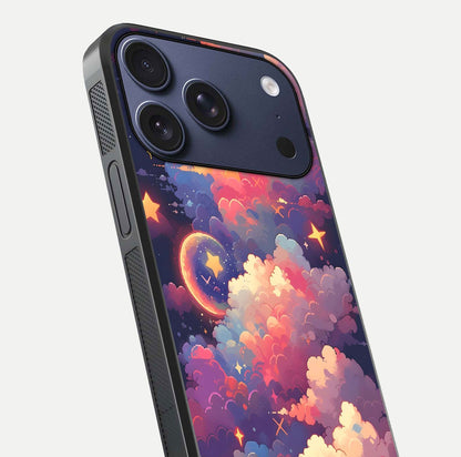 Starlit Dream Clouds Glass Case for iPhone 17 Pro close-up angled shot highlighting cloud texture and reflection