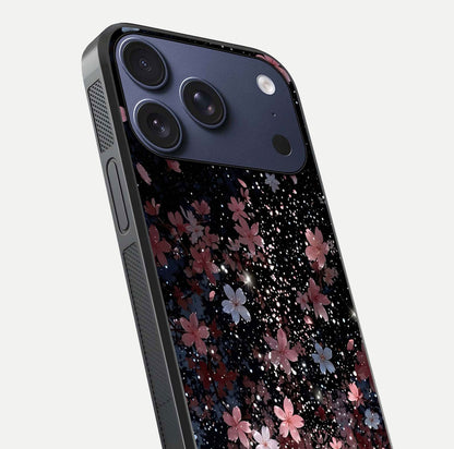 Starlit Flower Dreams Glass Case for iPhone 17 Pro close-up angled shot highlighting petal reflection and HD depth