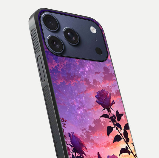 Starlit Rose Twilight Glass Case for iPhone 17 Pro close-up angled shot highlighting rose detail and reflection