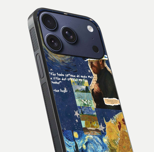 Starry Dream Vision Glass Case for iPhone 17 Pro close-up angled shot highlighting cosmic light and reflection