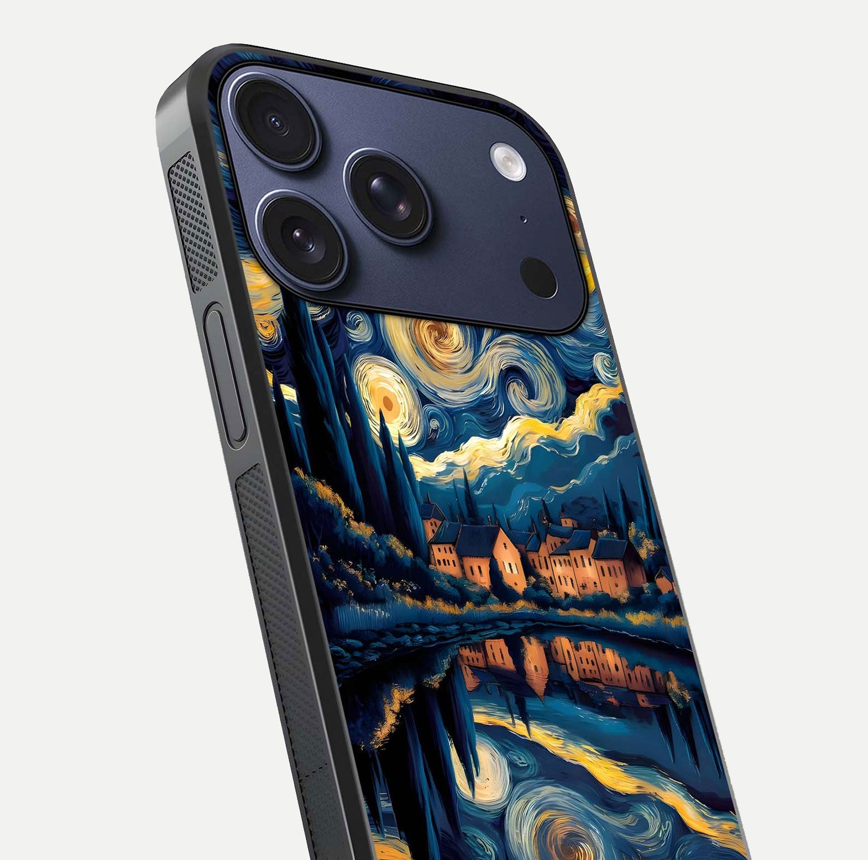Starry Sky Serenity Glass Case for iPhone 17 Pro close-up angled shot highlighting light reflection and blue hues