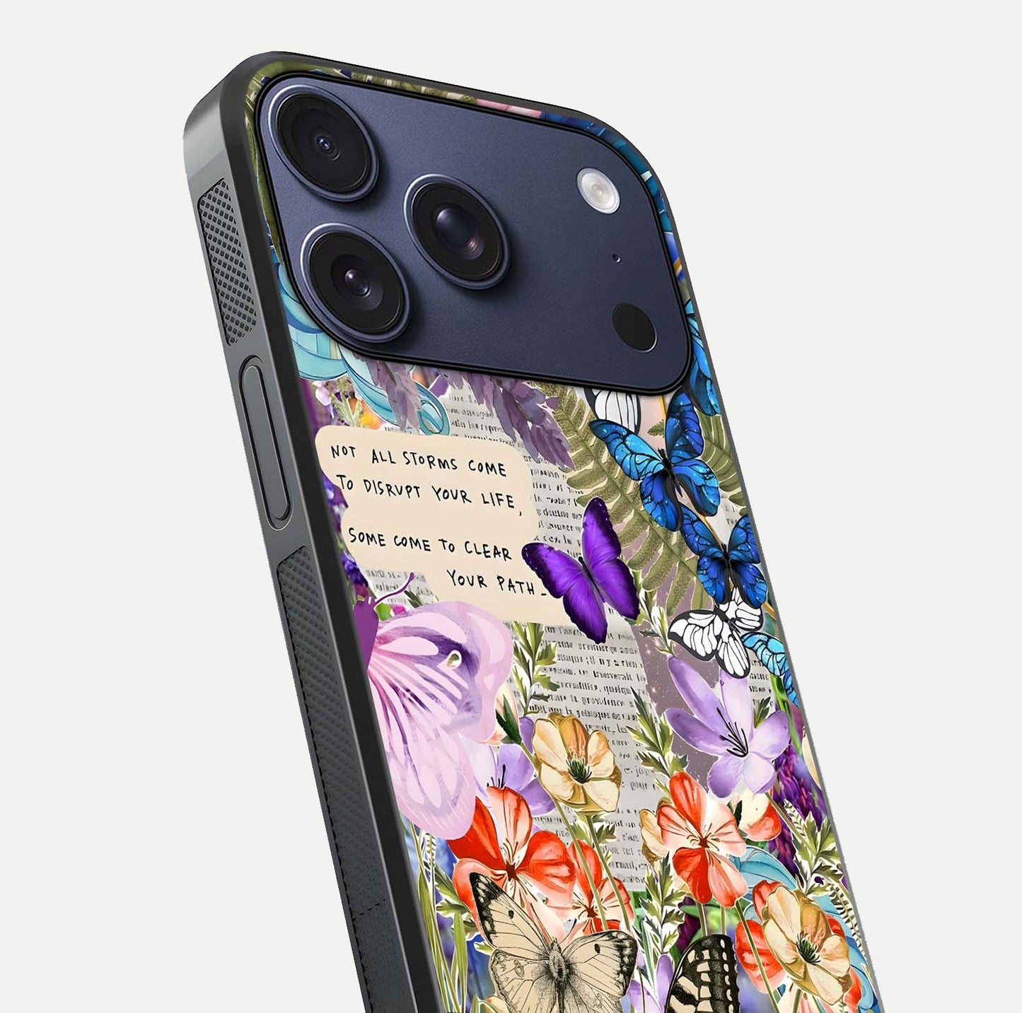 Storm Path Bloom Glass Case for iPhone 17 Pro close-up angled shot highlighting bloom texture and reflection