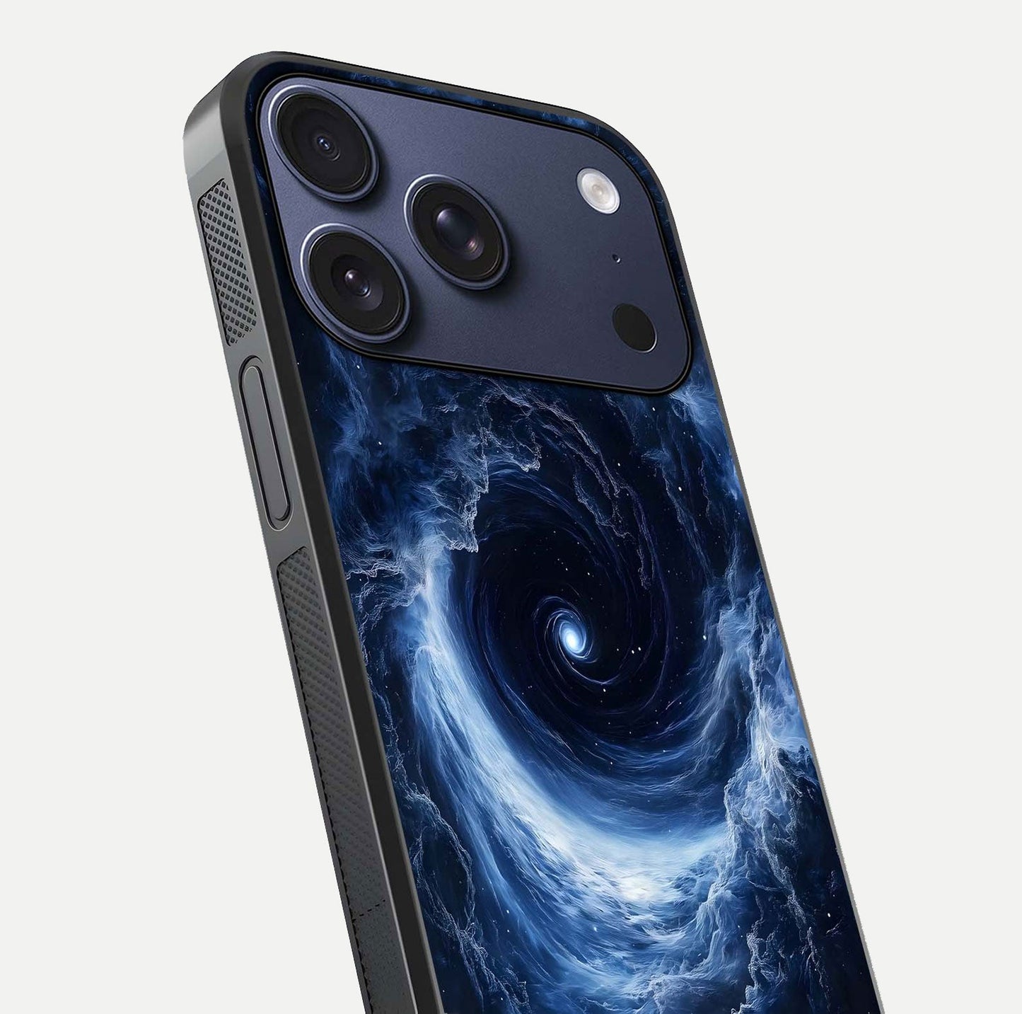Stunning Galaxy Glass Case for iPhone 17 Pro close-up angled shot highlighting nebula tones and HD reflection
