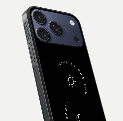 Sun Moon Balance Glass Case for iPhone 17 Pro close-up angled shot highlighting cosmic art and HD reflection