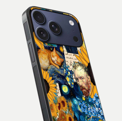 Sunflower Cat Art Glass Case for iPhone 17 Pro close-up angled shot highlighting yellow tones and art reflection