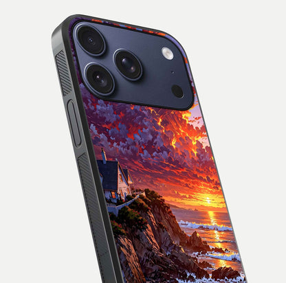 Sunset House by Sea Glass Case for iPhone 17 Pro close-up angled shot highlighting sunset tones and water glow