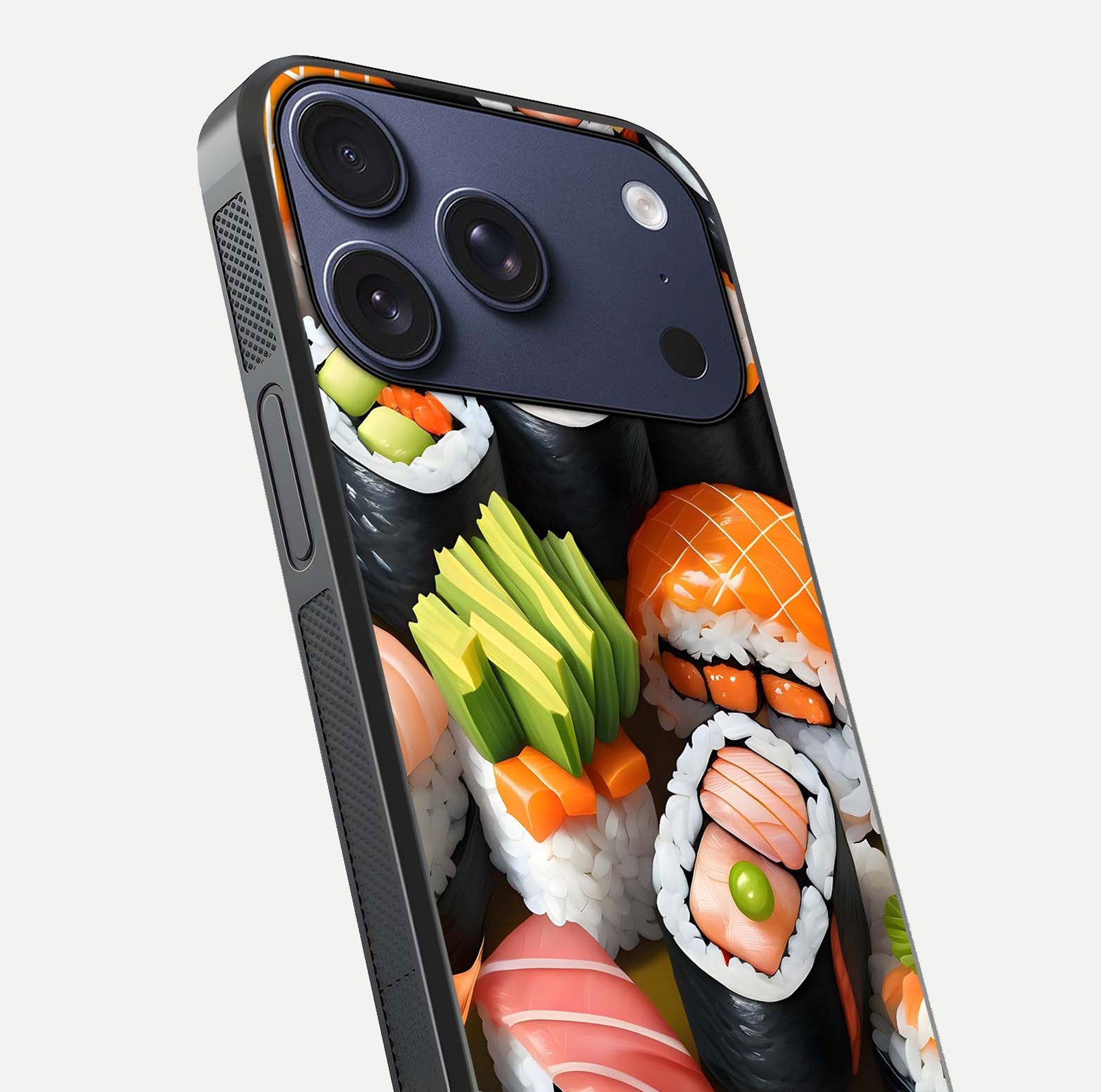 Sushi Food Pattern Glass Case for iPhone 17 Pro close-up angled shot highlighting colorful sushi prints and reflection