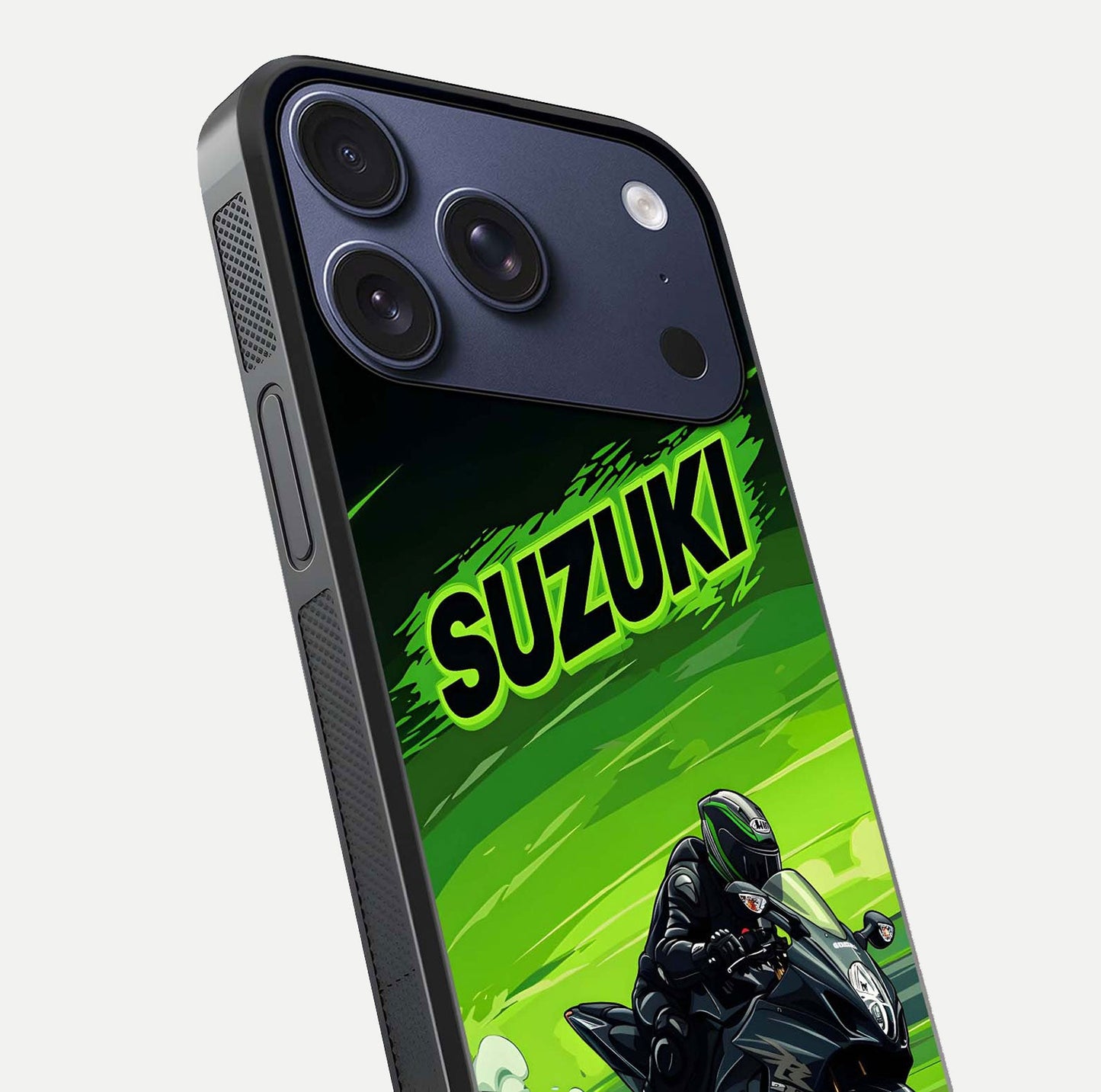 Suzuki Speed Beast Glass Case for iPhone 17 Pro close-up angled shot highlighting bold tones and reflection
