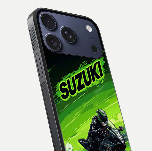 Suzuki Speed Beast Glass Case for iPhone 17 Pro close-up angled shot highlighting bold tones and reflection