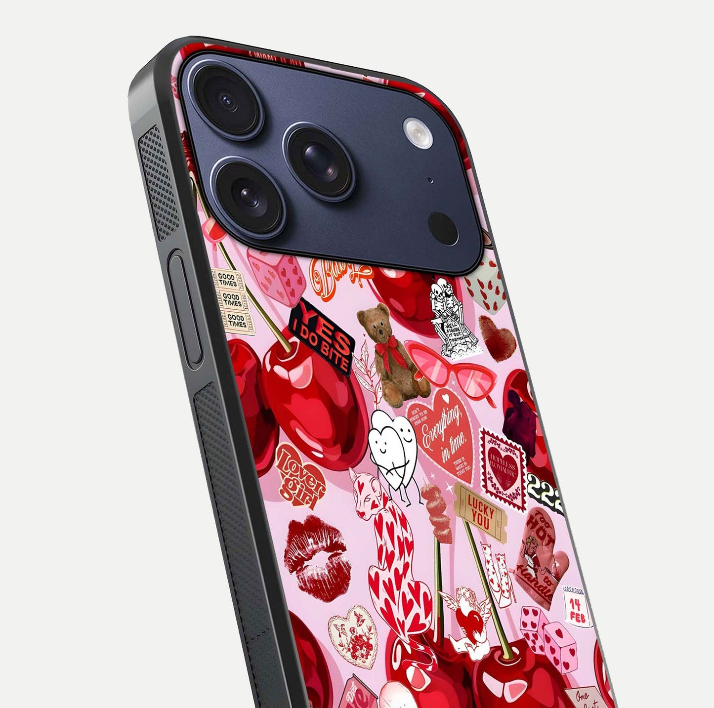 Sweet Cherry Chaos Glass Case for iPhone 17 Pro close-up angled shot highlighting red tone contrast and reflection
