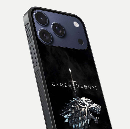 Throne Wolf Legacy Glass Case for iPhone 17 Pro close-up angled shot highlighting fur texture and reflection