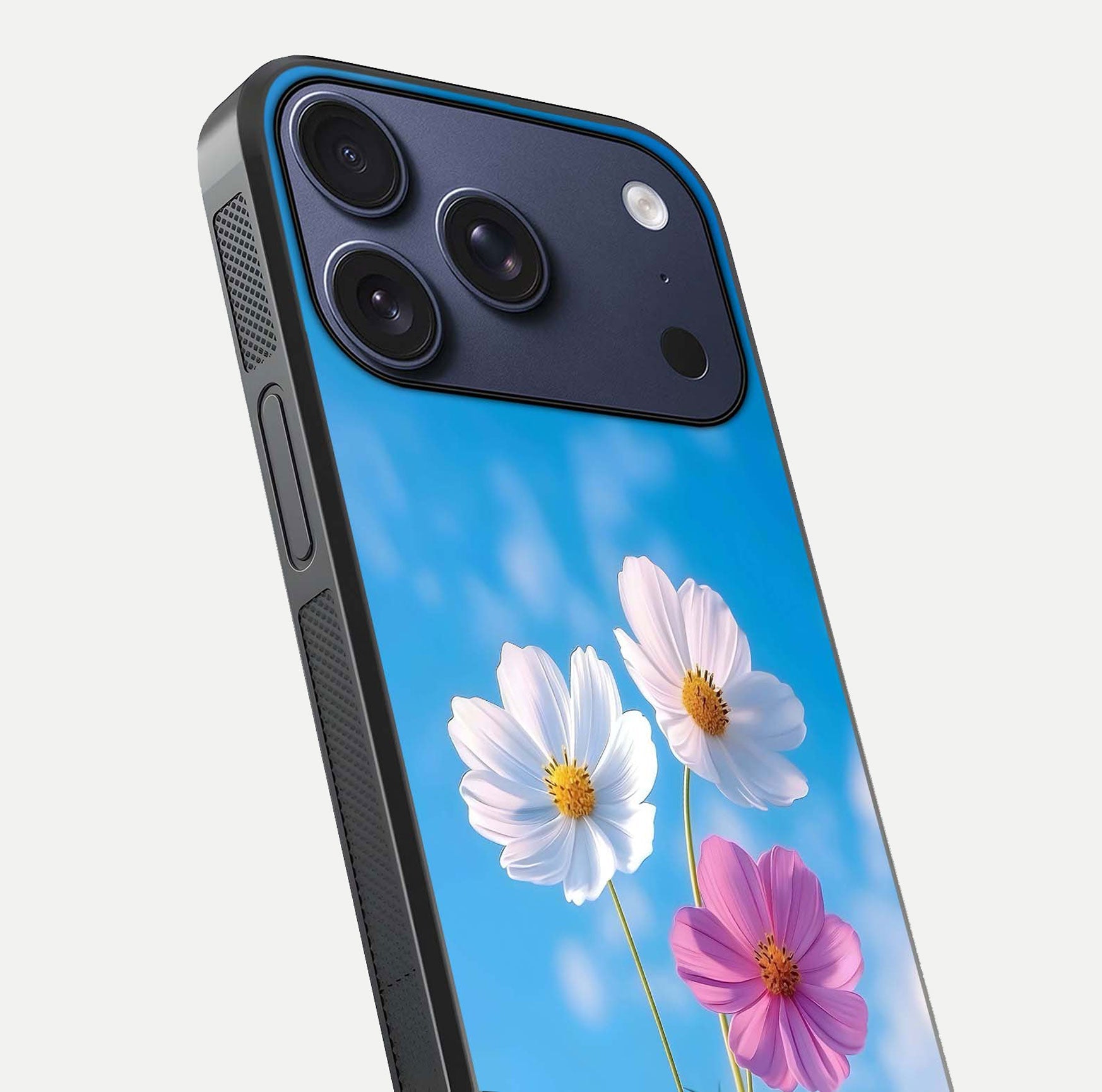 Triple Flowers With Sky Glass Case for iPhone 17 Pro close-up angled shot highlighting petal and reflection details