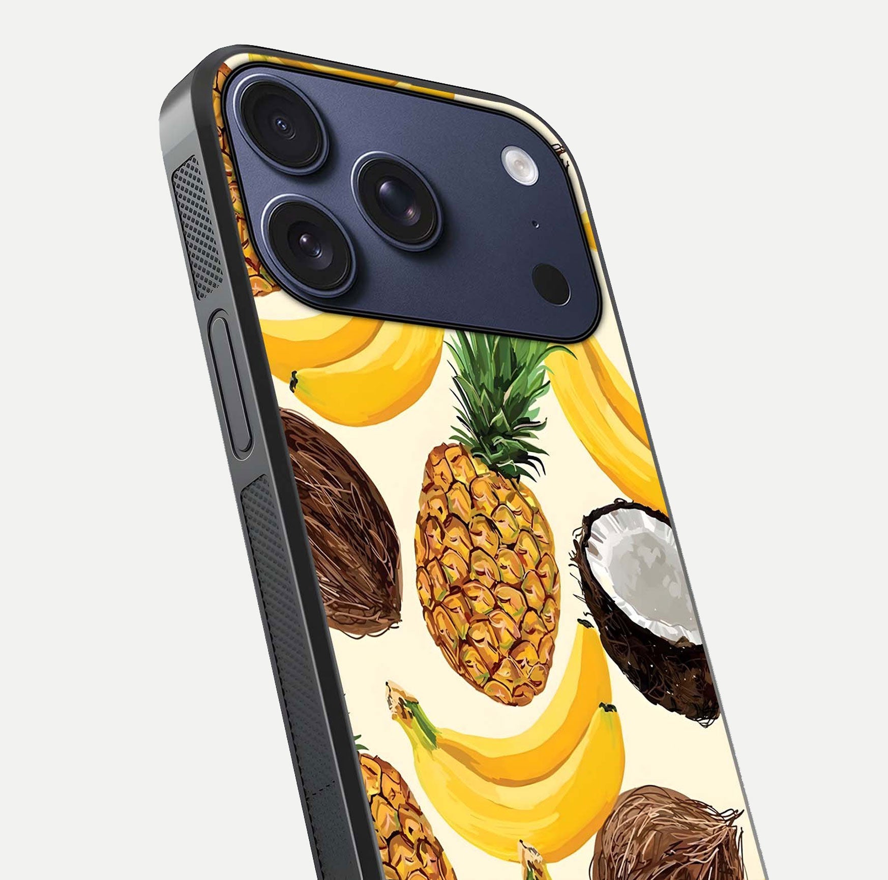Tropical Fruit Mood Glass Case for iPhone 17 Pro close-up angled shot highlighting fruit texture and reflection