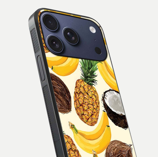 Tropical Fruit Mood Glass Case for iPhone 17 Pro close-up angled shot highlighting fruit texture and reflection