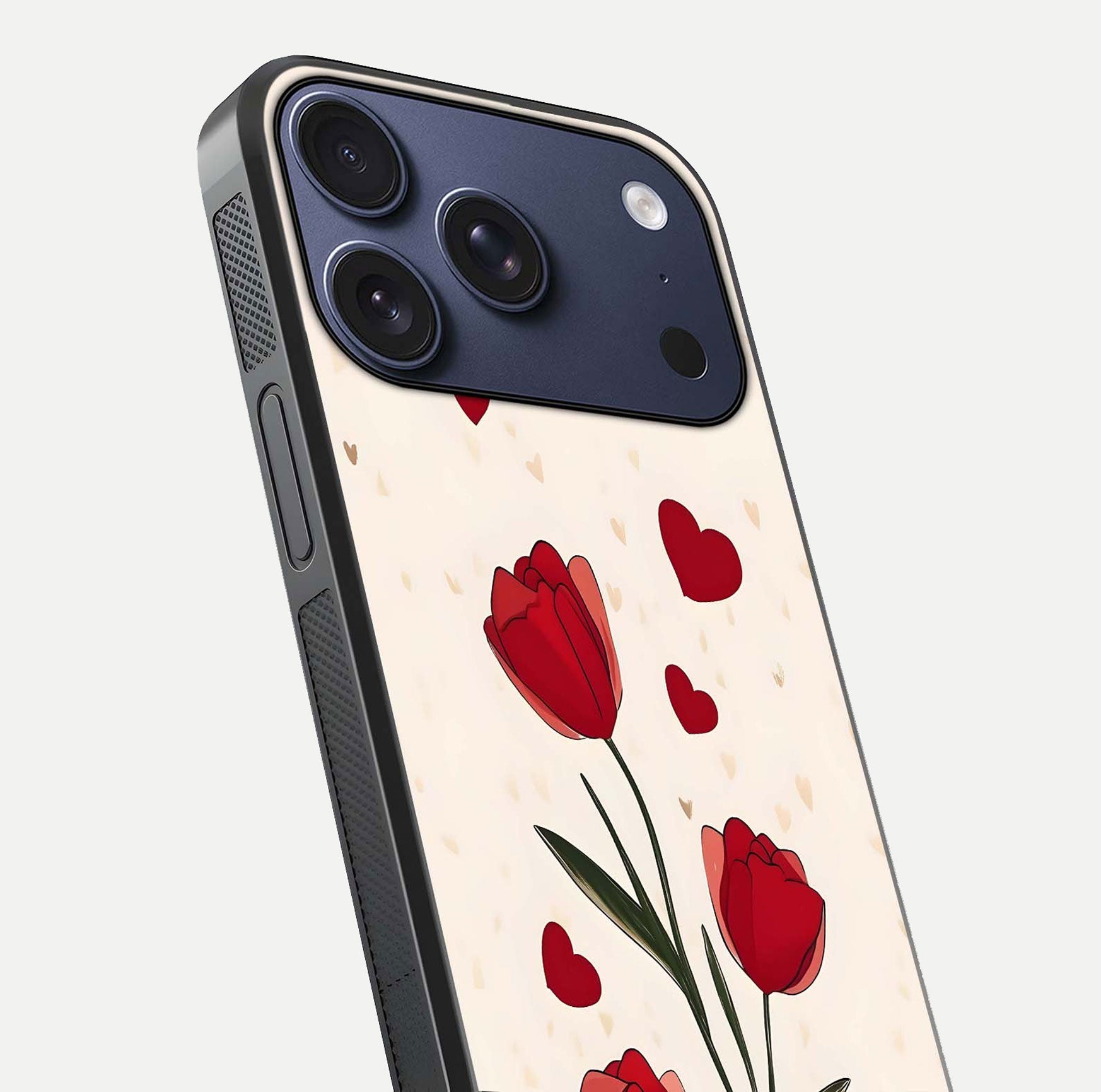 Tulip With Heart Glass Case for iPhone 16 Pro close-up angled shot highlighting petal details and reflection