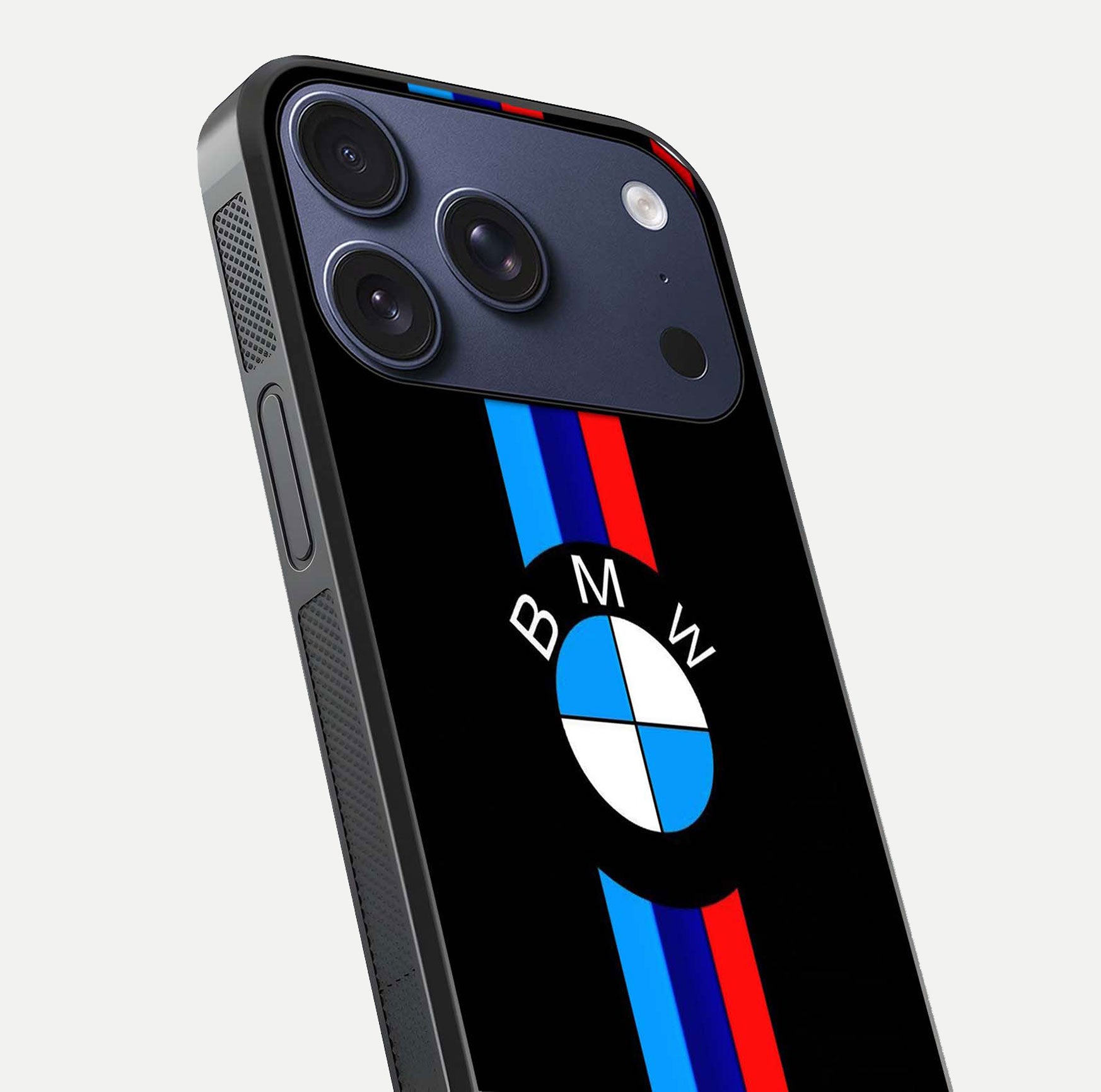 Turbo BMW Beast Glass Case for iPhone 17 Pro close-up angled shot highlighting car detailing and reflection