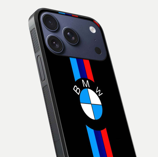 Turbo BMW Beast Glass Case for iPhone 17 Pro close-up angled shot highlighting car detailing and reflection