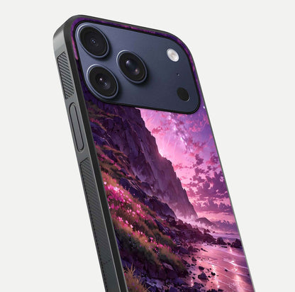 Twilight Blossom Coast Glass Case for iPhone 17 Pro close-up angled shot highlighting gradient sky and reflection