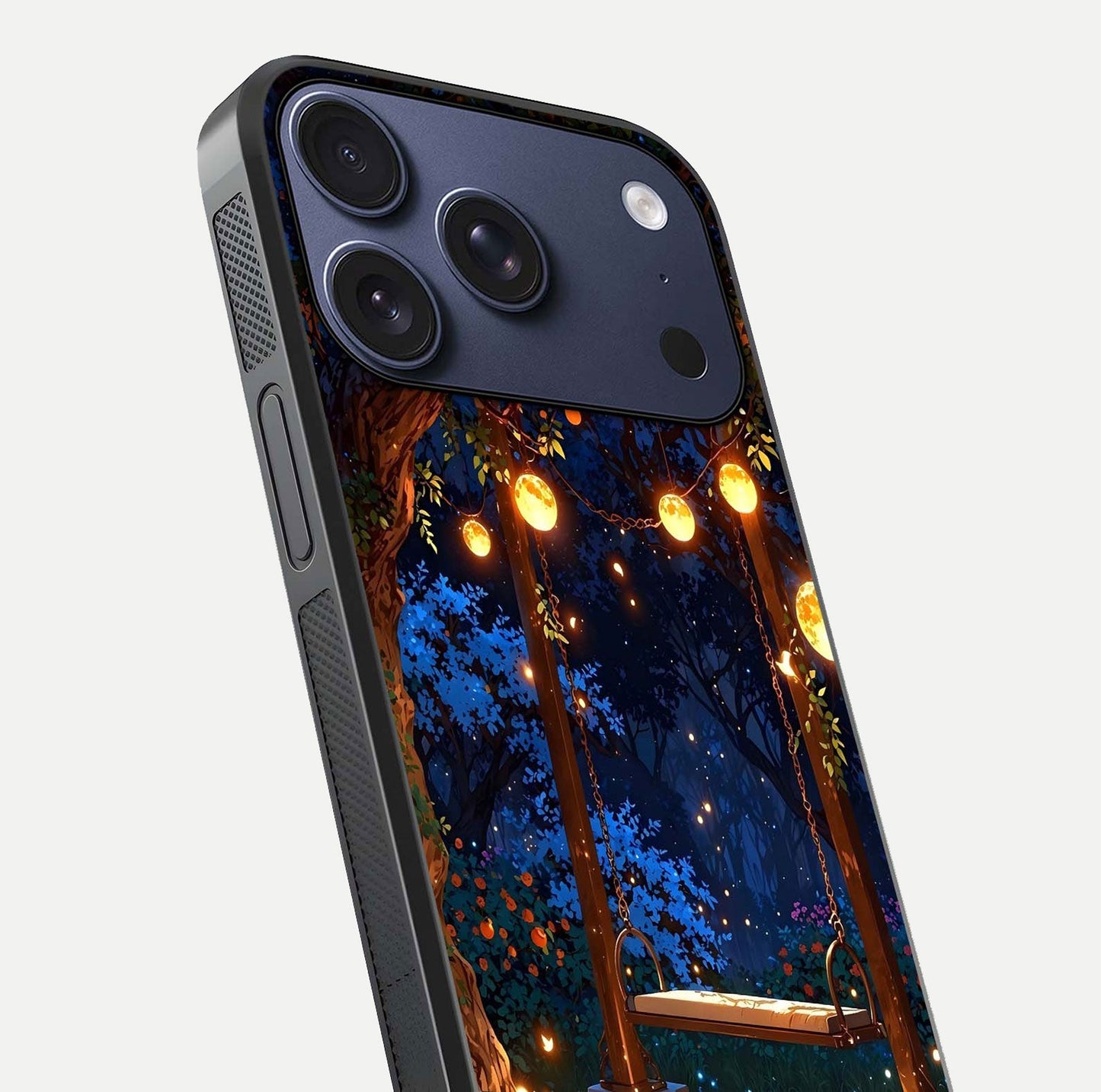 Twilight Garden Swing Glass Case for iPhone 17 Pro close-up angled shot highlighting floral tones and reflection