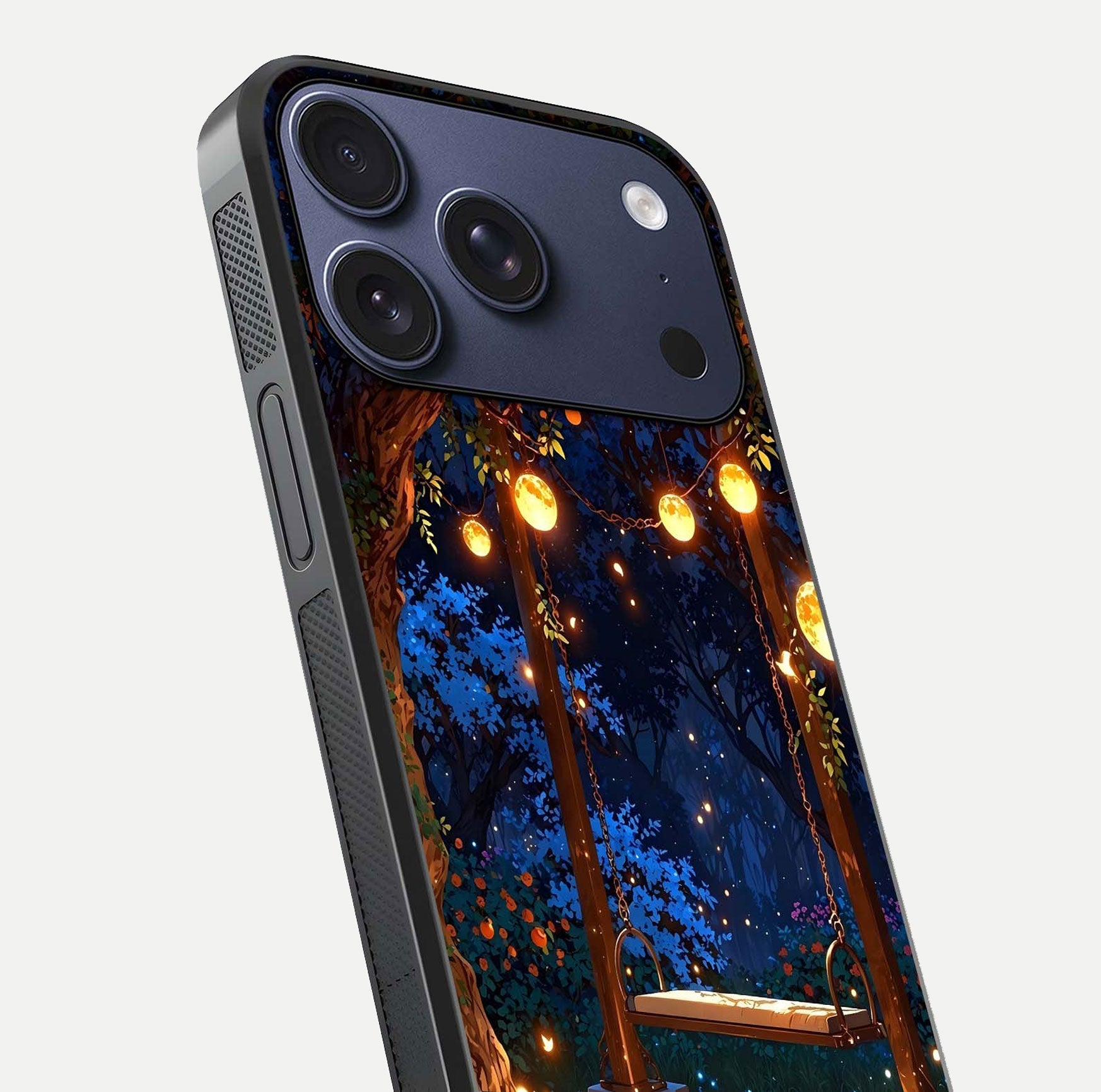 Twilight Garden Swing Glass Case for iPhone 17 Pro close-up angled shot highlighting floral tones and reflection