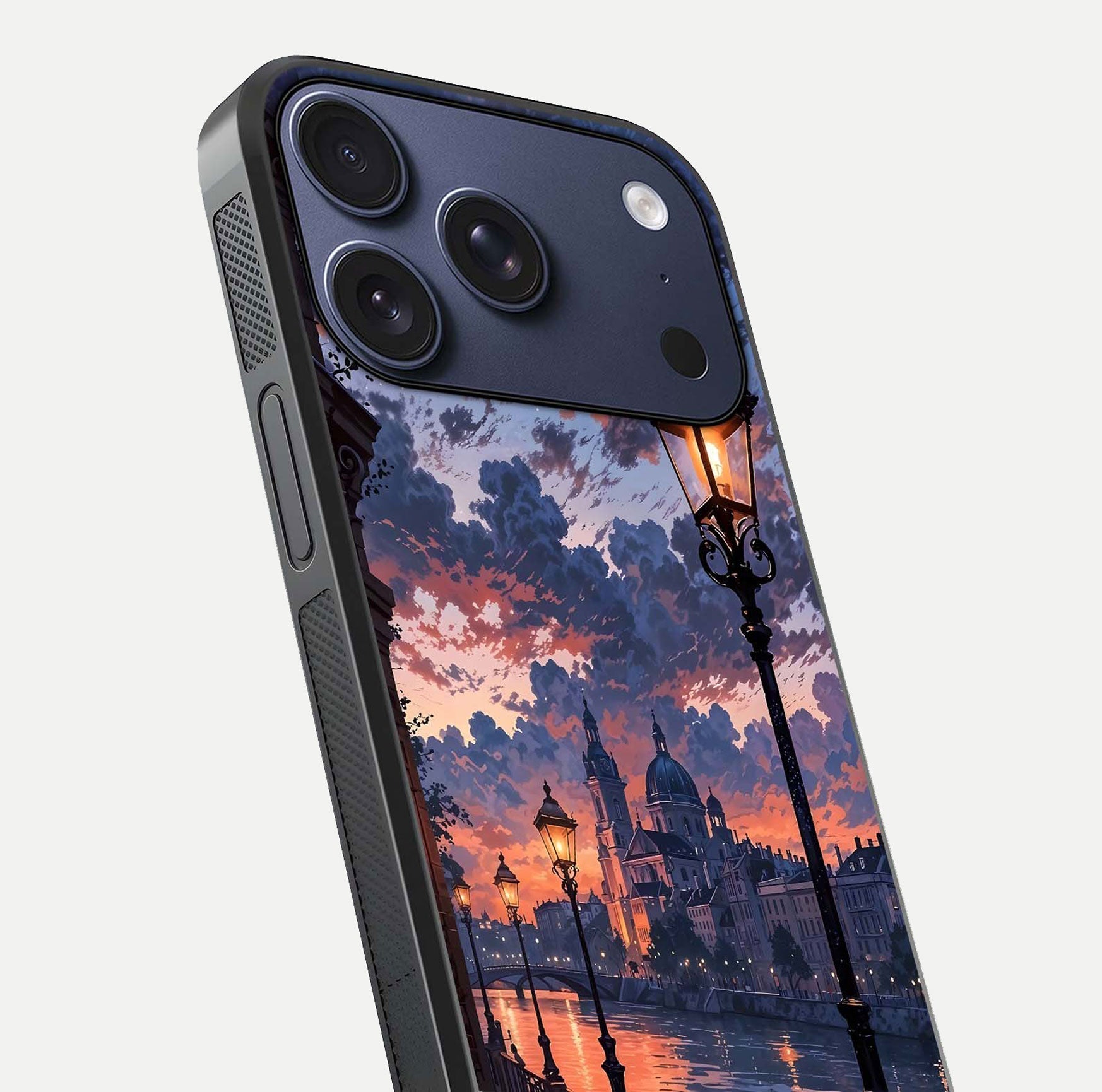 Twilight River Lights Glass Case for iPhone 16 Pro close-up angled shot highlighting river reflections and color tones