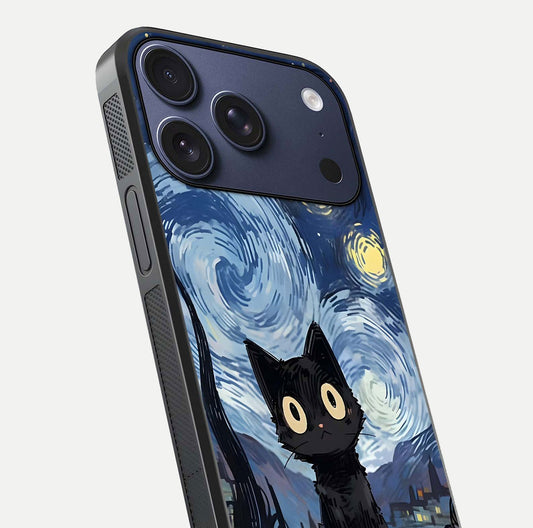 Van Gogh Cat Glass Case for iPhone 17 Pro close-up angled shot highlighting brushstroke texture and reflection