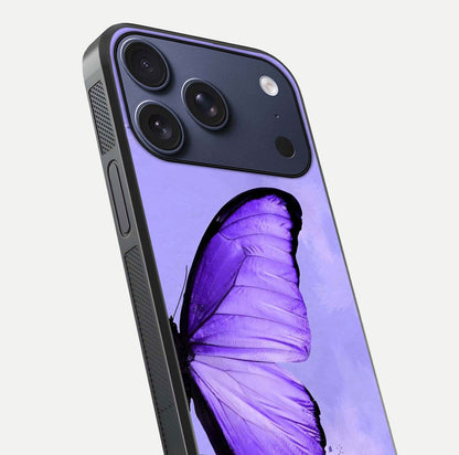 Violet Dream Wing Glass Case for iPhone 17 Pro close-up angled shot highlighting wing texture and reflection