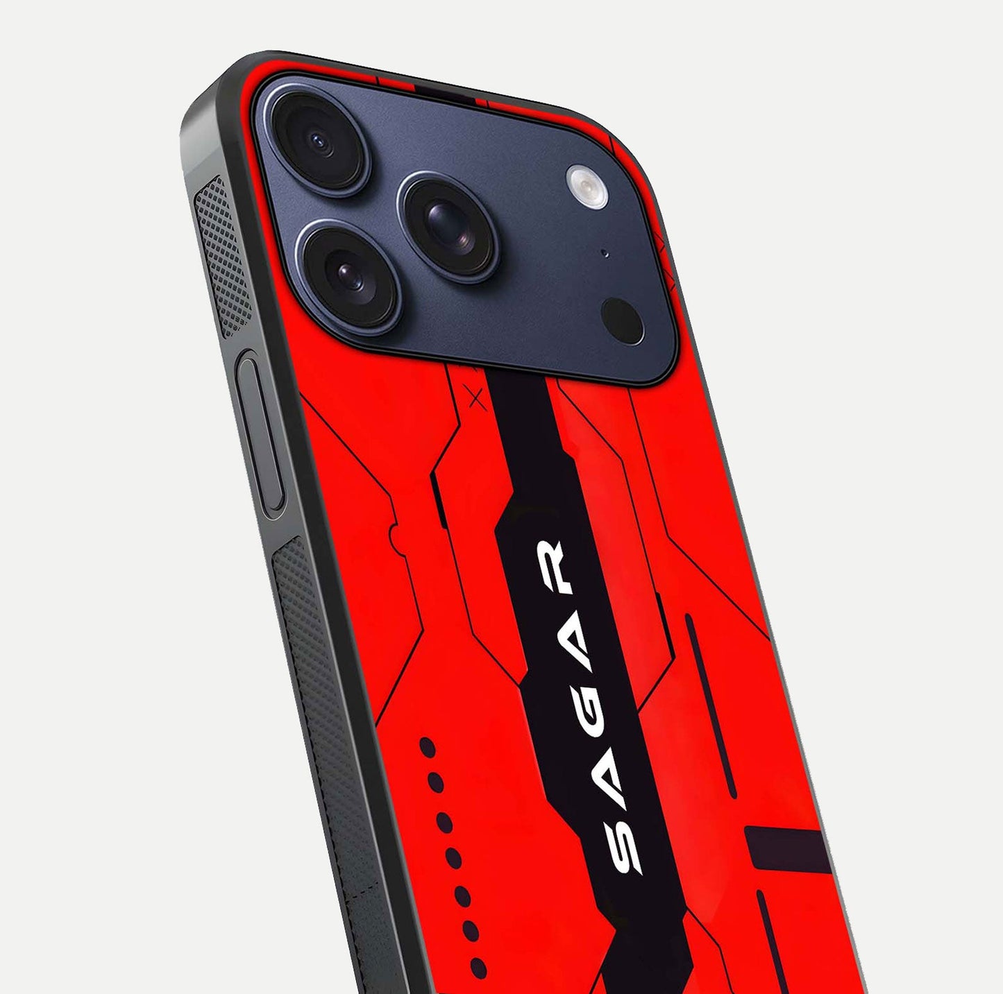 Voltage Rise CYBERPUNK Custom Name Glass Case for iPhone 16 Pro close-up angled shot highlighting neon glow and reflection