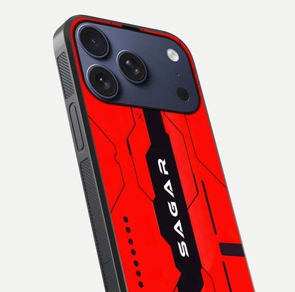 Voltage Rise CYBERPUNK Custom Name Glass Case for iPhone 16 Pro close-up angled shot highlighting neon glow and reflection