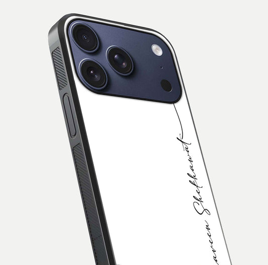 White Tune Custom Name Glass Case for iPhone 17 Pro close-up angled shot highlighting gloss reflection and texture