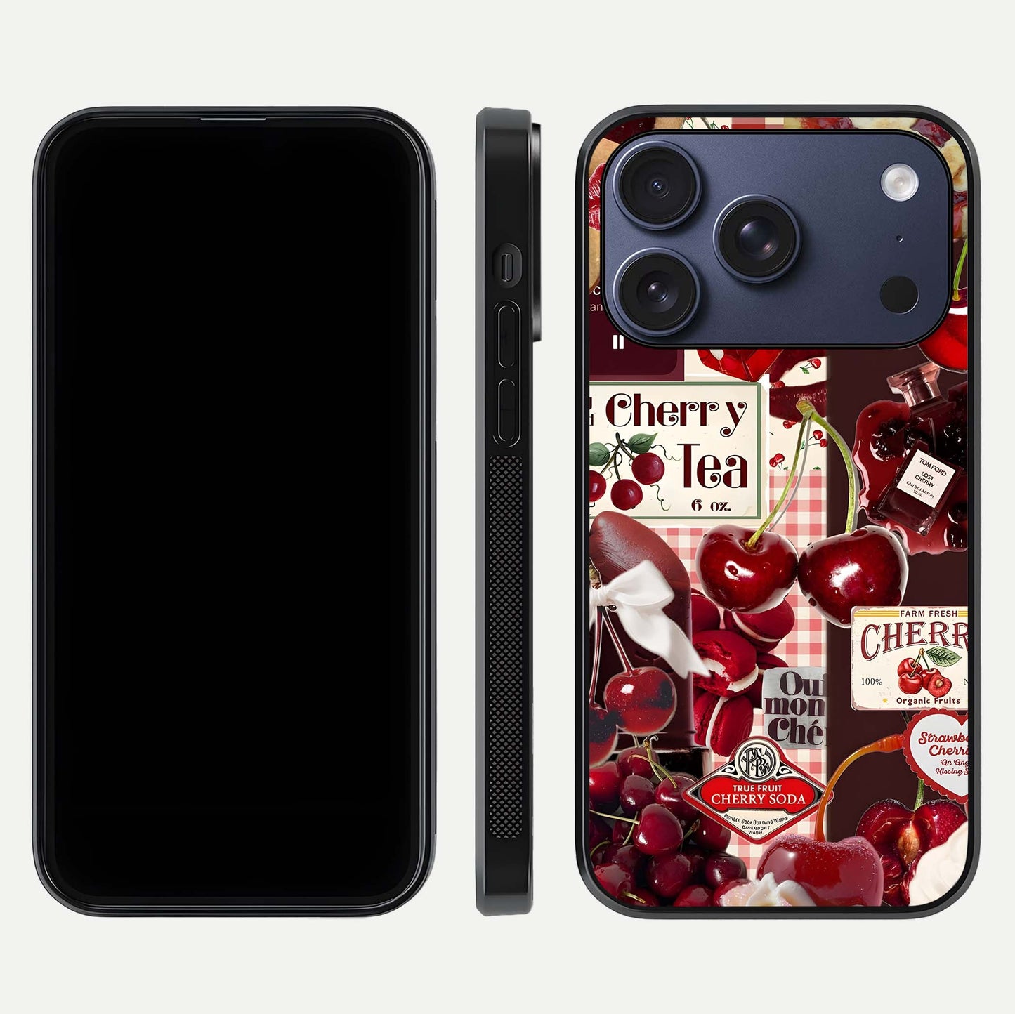 Aesthetic Cherry Tea Glass Case for iPhone 16 Pro front and back view layout showing black front display and artistic cherry-themed glass back