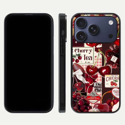Aesthetic Cherry Tea Glass Case for iPhone 16 Pro front and back view layout showing black front display and artistic cherry-themed glass back