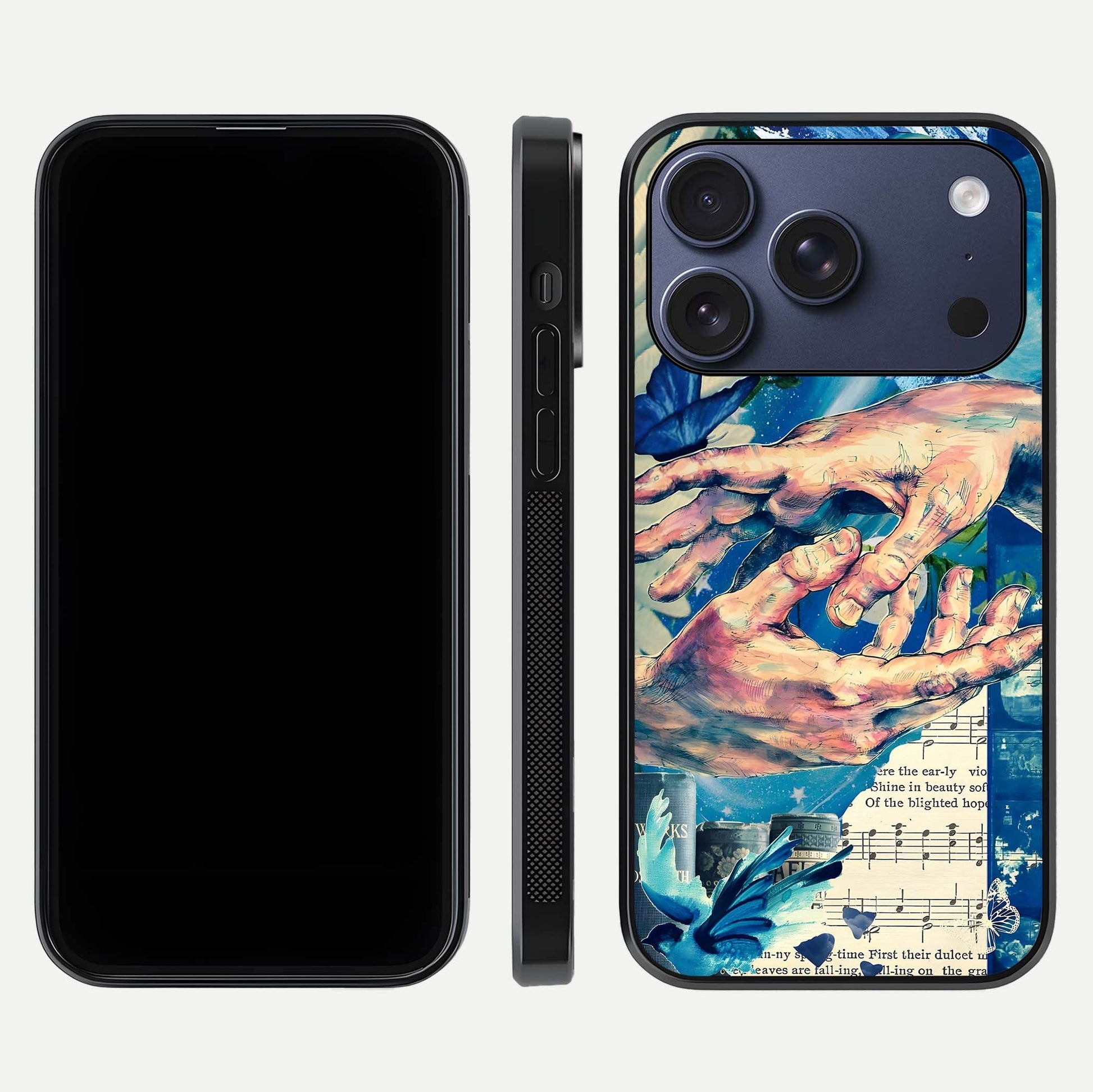 Aesthetic Divider Glass Case for iPhone 16 Pro front and back view layout showing black front display and minimal divider glass back