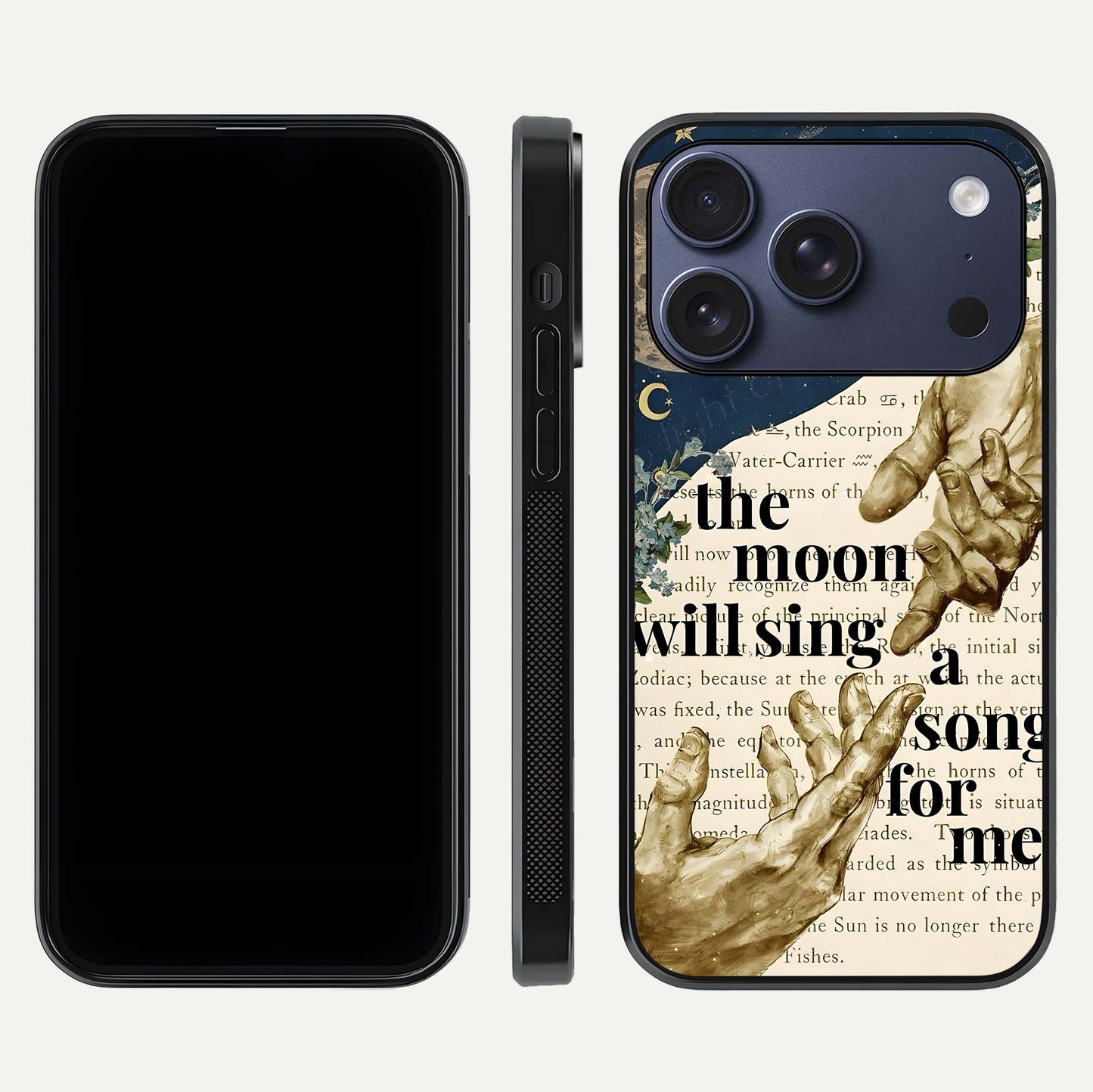 Aesthetic Divine Glass Case for iPhone 16 Pro front and back view layout showing black front display and divine art glass back