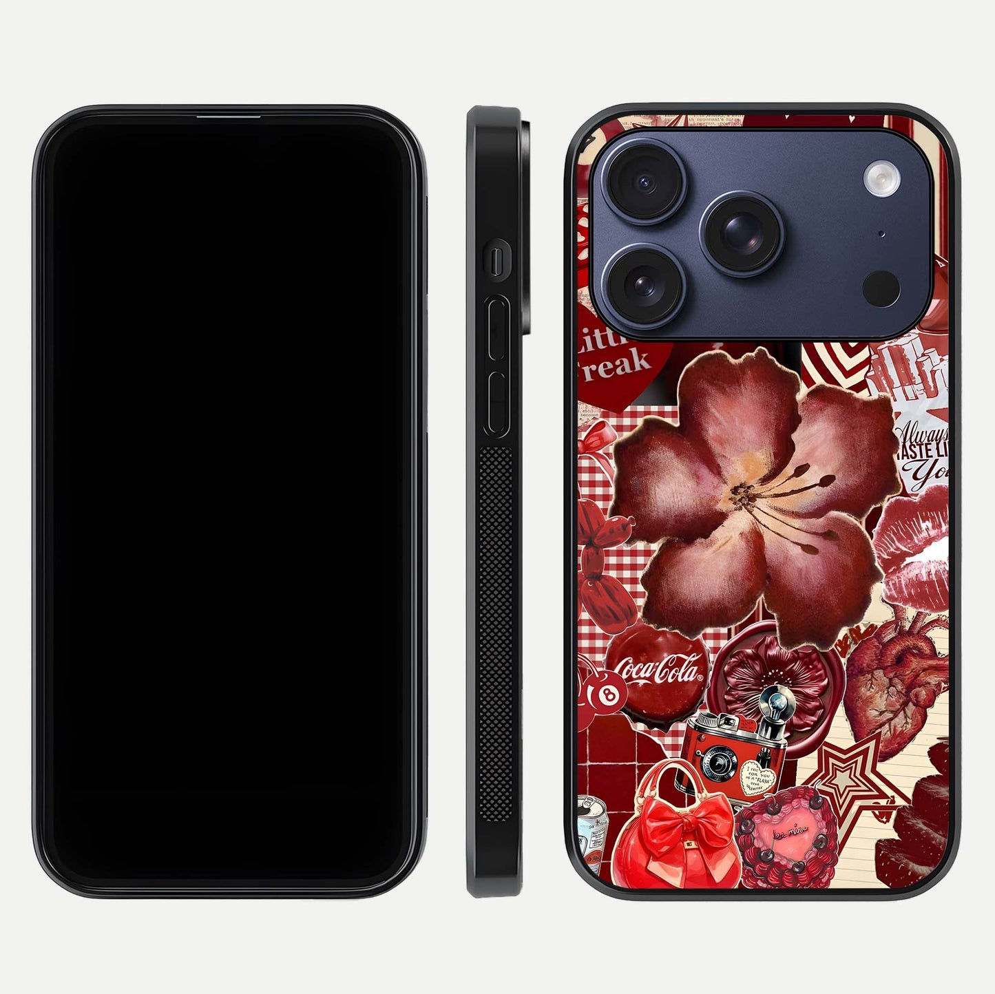 Aesthetic Little Freak Glass Case for iPhone 16 Pro front and back view layout showing black front display and trendy collage glass back