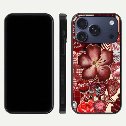 Aesthetic Little Freak Glass Case for iPhone 16 Pro front and back view layout showing black front display and trendy collage glass back