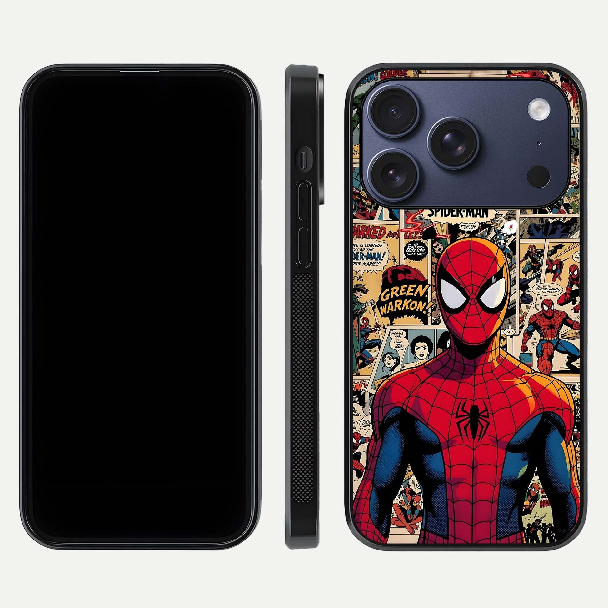 Aesthetic Spider Man Glass Case for iPhone 16 Pro front and back view layout showing black front display and Spider-Man art glass back