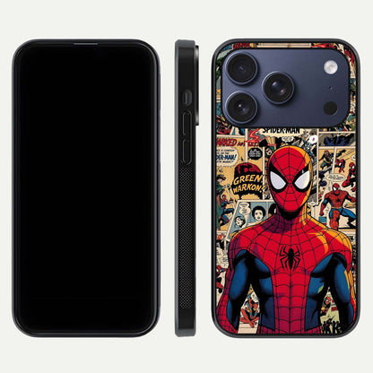 Aesthetic Spider Man Glass Case for iPhone 16 Pro front and back view layout showing black front display and Spider-Man art glass back