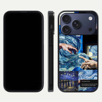 Aesthetic Vando Hands Glass Case for iPhone 16 Pro front and back layout highlighting camera cutout and premium glass shine