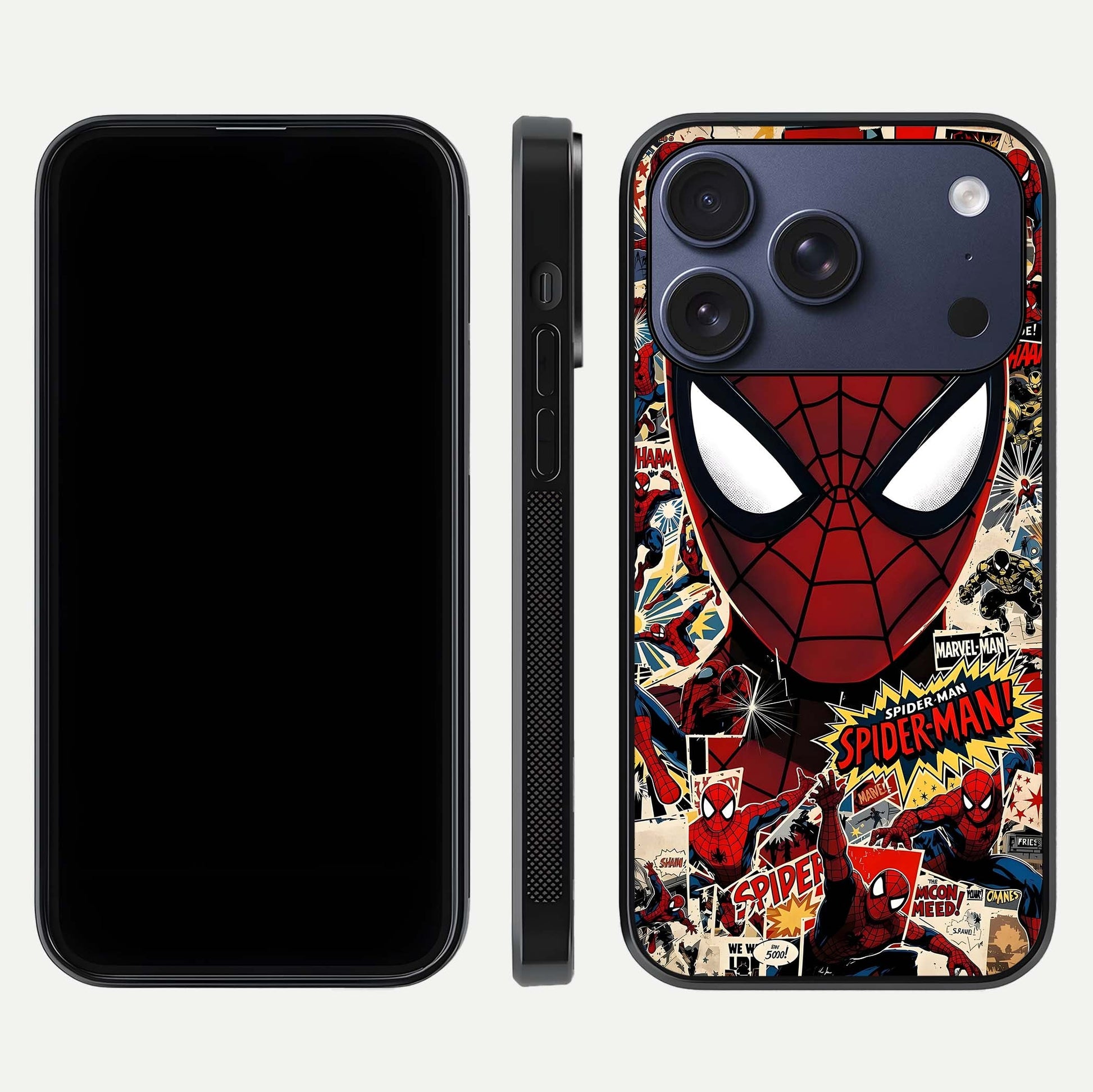 Aesthetic Wonder Spider Glass Case for iPhone 16 Pro dual-view layout showing premium glass shine and strong edge design