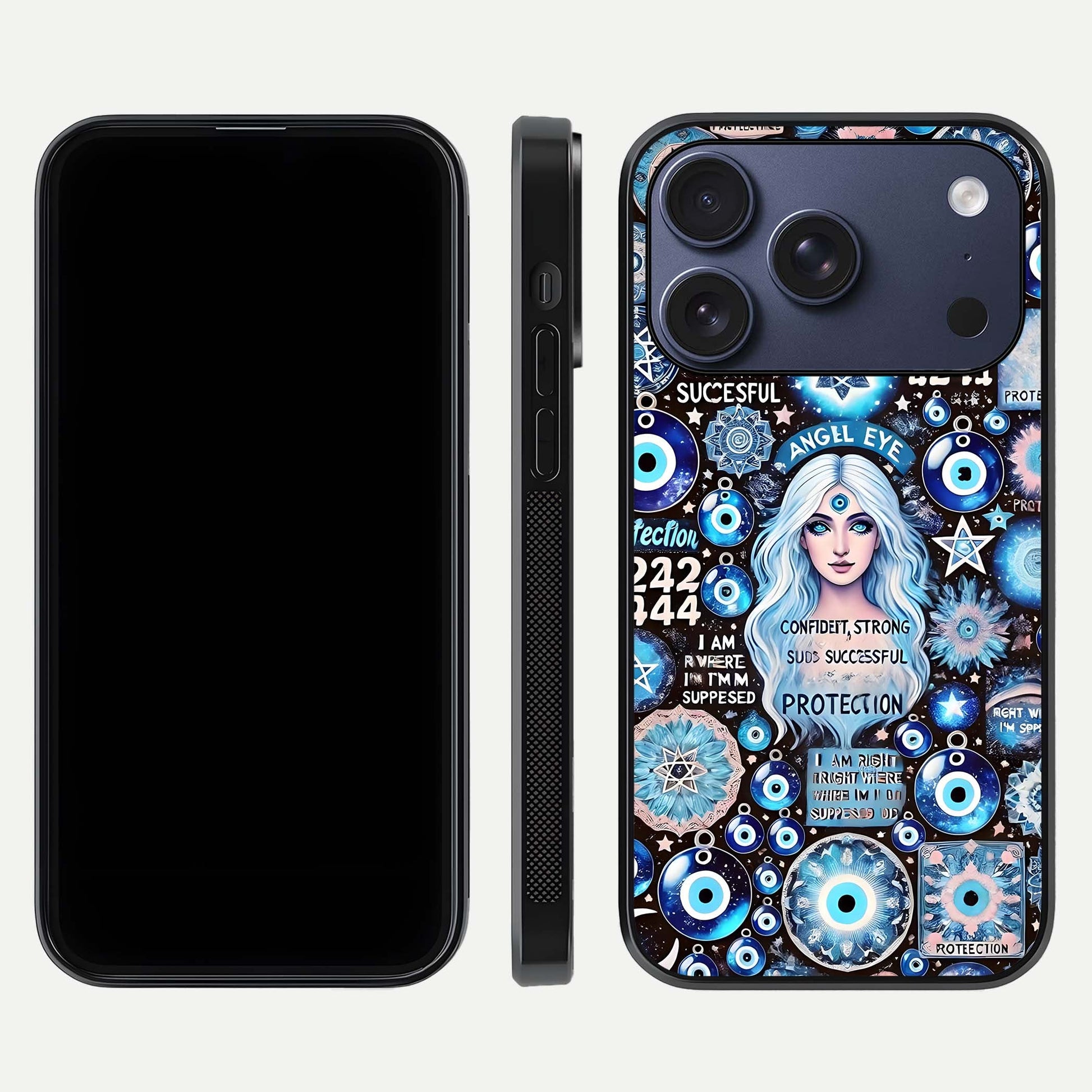 Angel Aura Shield Glass Case for iPhone 16 Pro front and back display highlighting glass clarity and spiritual design