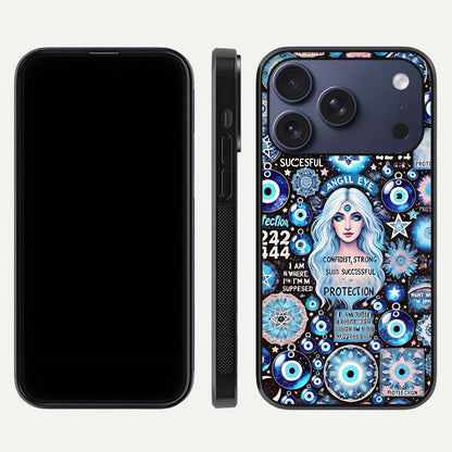 Angel Aura Shield Glass Case for iPhone 16 Pro front and back display highlighting glass clarity and spiritual design