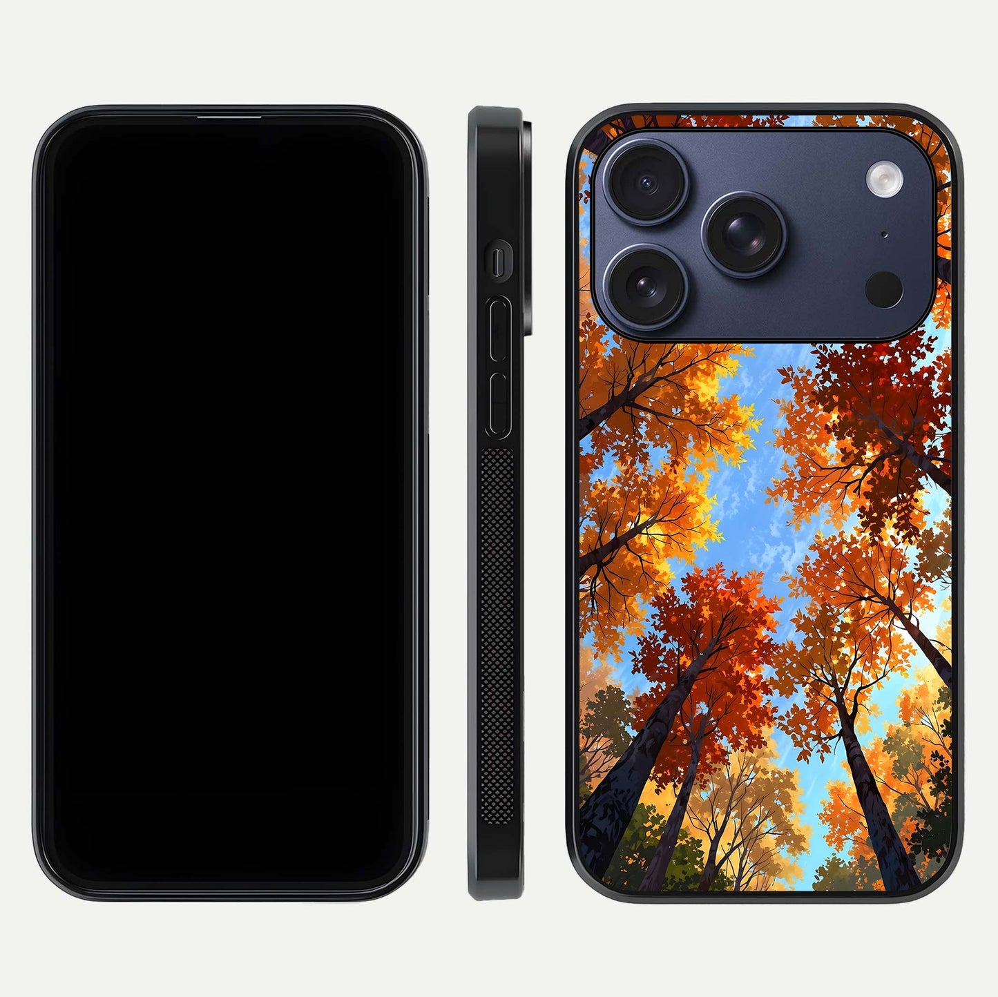 Autumn Sky Rise Glass Case for iPhone 16 Pro front and back layout showing sky print and edge smoothness