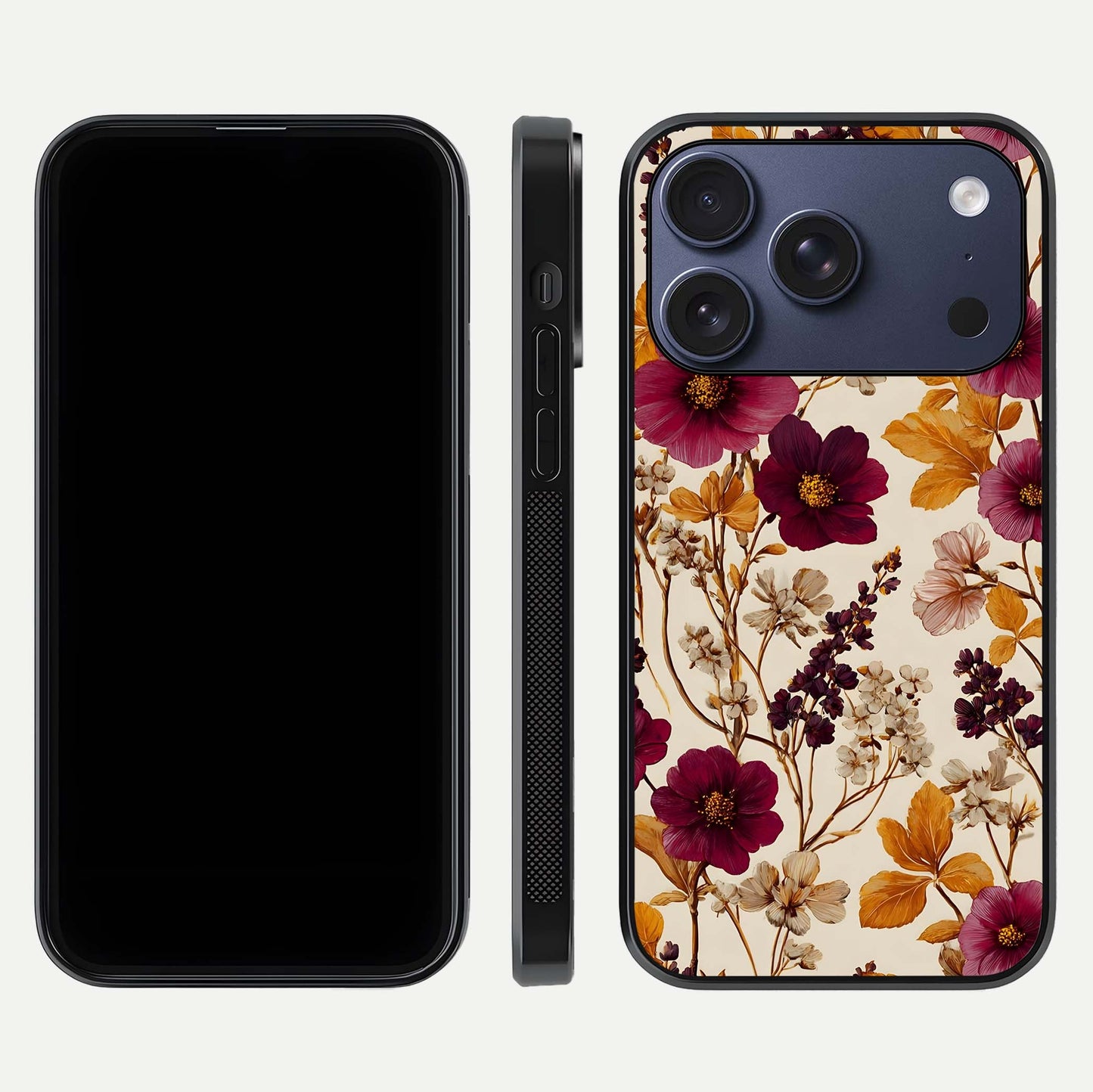 Autumn Wine Bloom Glass Case for iPhone 16 Pro front and back layout showing autumn print and HD glass clarity