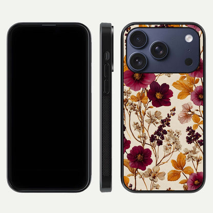 Autumn Wine Bloom Glass Case for iPhone 16 Pro front and back layout showing autumn print and HD glass clarity